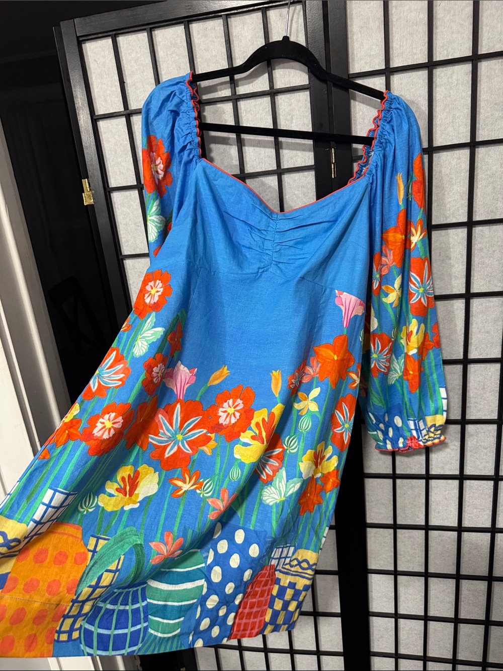 FARM Rio Blue Floral Puff Sleeve Mini Dress Size L Colorful Garden Print - Picture 11 of 15